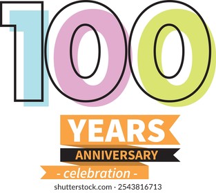 number 100 years anniversary celebration logo style black line with light cyan purple and lime green color, isolated on white background.