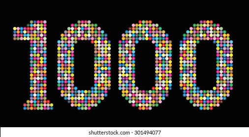 Number 1000 consisting of exactly one thousand colorful particles such as marbles, beads or balls - isolated vector illustration on black background.