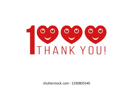 number 1000 with smiling hearts and thank you, thanks for followers likes or comments