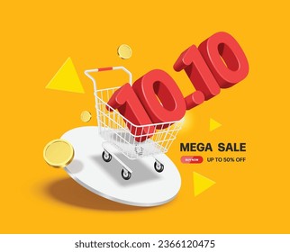 number 10.10 red 3d float down into shopping cart and all placed on white circular podium for designing mega sale promotions, vector 3d for promotion on ten day of  ten month, template for advertising