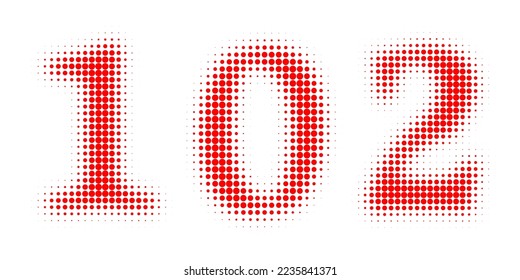Number 102 Halftone. Pop art style. Halftone dotted backdrop. Design for web banners, wallpaper,sites vector illustration. Abstract Halftone Dotted Number. Red Number.