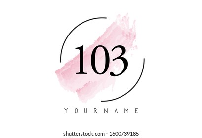 Number 103 Watercolor Stroke Logo with Circular Shape and Pastel Pink Brush Vector Design