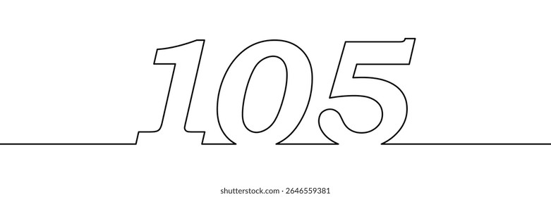 Número 105 desenhado em estilo de linha única contínua. Ilustração numérica de contorno minimalista. Aniversário, marco e conceito de aniversário. Elemento de modelo para design e impressão
