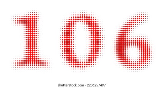 Number 106 Halftone. Pop art style. Halftone dotted backdrop. Design for web banners, wallpaper,sites vector illustration. Abstract Halftone Dotted Number. Red Number.
