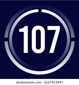 Number 107 design for business, print, books, movies, time-counting, companies in white, blue and blue gradient colors with half circles.