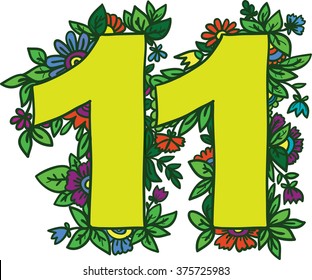 Number 11 with decorative colorful floral and herbal elements. Vector illustration.