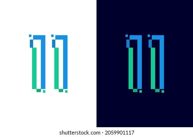 Number 11 digital logo. Technology design with pixel icon. Number eleven electric font