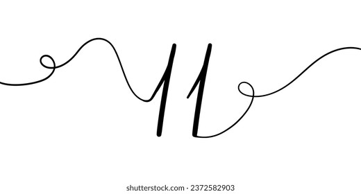 Number 11 line art drawing on white background. 11th birthday continuous drawing contour. Minimal vector illustration