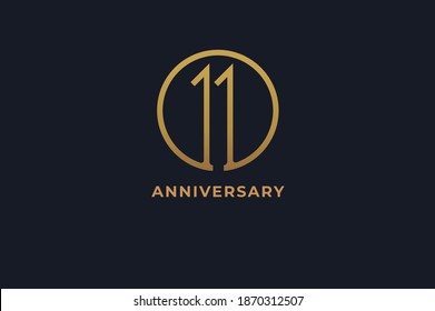 Number 11 logo, gold line circle with number inside, usable for anniversary and invitation, golden number design template, vector illustration