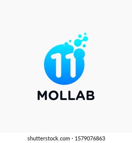 Number 11 with molecule element. Lab Logo Design concept. Design Vector with Dots and Bubbles. perfect for technology, digital, software, network and science brand. - vector