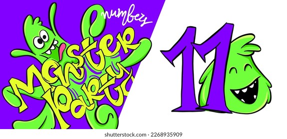 Number 11 from the Monster party numbers, funny cartoon style. Eleven with cute green monster behind them for children, kindergarten, school, education, home party decor illustration