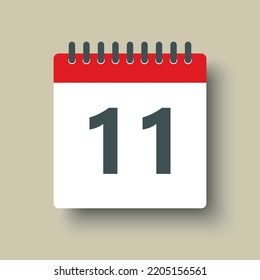 Number 11 - vector icon calendar days. 11th day of the month. Illustration flat style. Date of week, month, year Sunday, Monday, Tuesday, Wednesday, Thursday, Friday, Saturday. Holiday calendare date