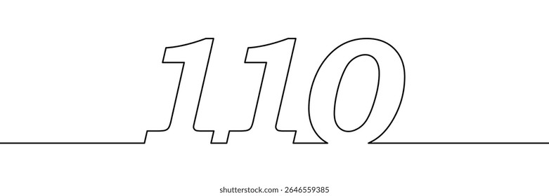 Número 110 desenhado em estilo de linha única contínua. Ilustração numérica de contorno minimalista. Aniversário, marco e conceito de aniversário. Elemento de modelo para design e impressão
