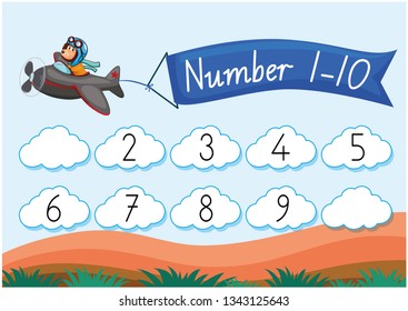 Number 1-10 is a math education game for children. Complete row, write missing numbers - Vector