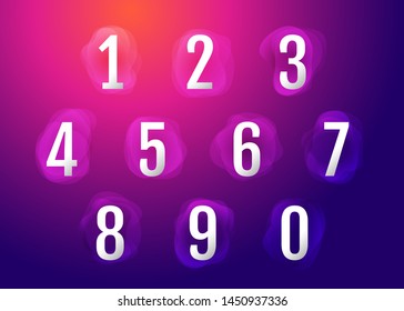Number 1-10 on colorful fluid abstract shape background, pink purple neon color
