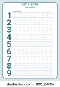 Number 1-10 tracing practice worksheet with all numbers for kids learning to count and to write. Worksheet for learning numbers. Number training write and count numbers. Exercises handwriting practice