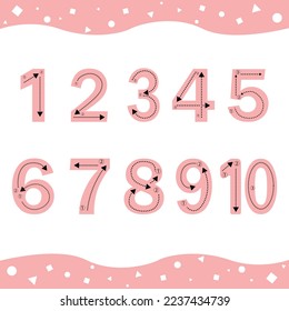 Number 1-10 tracing practice worksheet with all numbers for kids learning to count and to write. Worksheet for learning numbers. Number training write and count numbers. Exercises handwriting practice