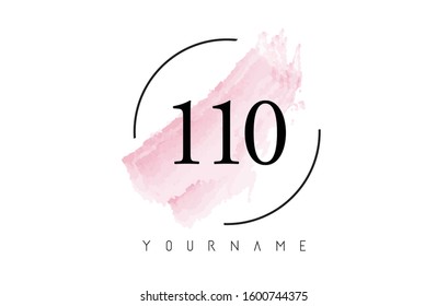 Number 110 Watercolor Stroke Logo with Circular Shape and Pastel Pink Brush Vector Design