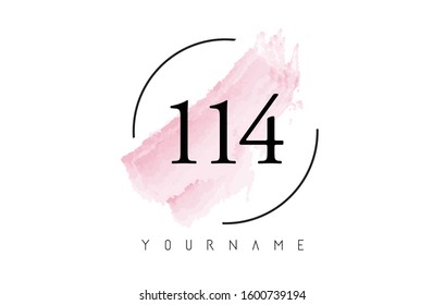 Number 114 Watercolor Stroke Logo with Circular Shape and Pastel Pink Brush Vector Design