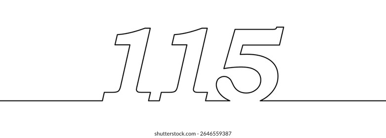 Número 115 desenhado em estilo de linha única contínua. Ilustração numérica de contorno minimalista. Aniversário, marco e conceito de aniversário. Elemento de modelo para design e impressão