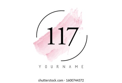 Number 117 Watercolor Stroke Logo with Circular Shape and Pastel Pink Brush Vector Design