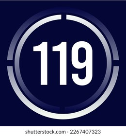 Number 119 design for business, print, books, movies, time-counting, companies in white, blue and blue gradient colors with half circles.