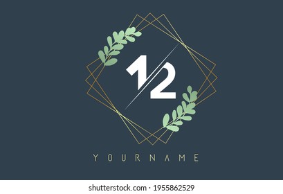 Number 12 1 2 Logo With golden square frames and green leaf design. Creative vector illustration with numbers 1 and 2 for beauty, fashion, jewelry, luxury, natural products or eco services.