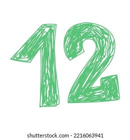 Number 12. Hand drawn line sketch digit. Children's drawing