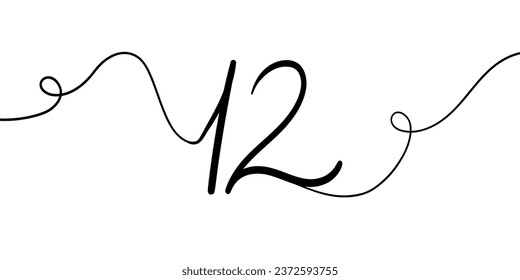 Number 12 line art drawing on white background. 12th birthday continuous drawing contour. Minimal vector illustration