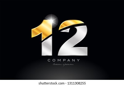 number 12 logo icon design with gold silver grey metal on black background suitable for a company or business