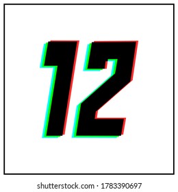 Number 12, twelve vector desing logo.Dynamic, split-color, shadow of  number red, green, blue in black frame on white background.For social media,design elements, anniversary celebration greeting