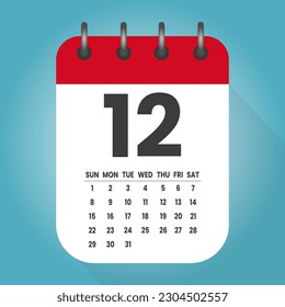 Number 12 - vector icon calendar days. 12th day of the month. Illustration flat style. Date of week, month, year Sunday, Monday, Tuesday, Wednesday, Thursday, Friday, Saturday. Holiday calendare date