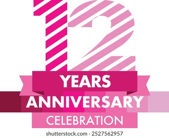 number of 12 years anniversary celebration logo style in pink monochrome diagonal stripes color, isolated on white background.