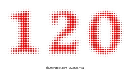Number 120 Halftone. Pop art style. Halftone dotted backdrop. Design for web banners, wallpaper,sites vector illustration. Abstract Halftone Dotted Number. Red Number.