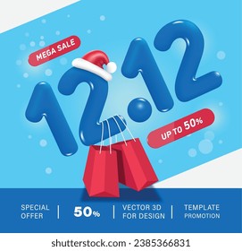 Number 12.12 blue Floats in air and moves. There are shopping bags hanging from sides and mega sale and winter promotion campaign sign 50% off, on front, Promotion on twelve day of  twelve month