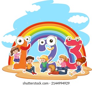 Number 123 with face expression and children characters illustration