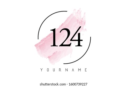 Number 124 Watercolor Stroke Logo with Circular Shape and Pastel Pink Brush Vector Design