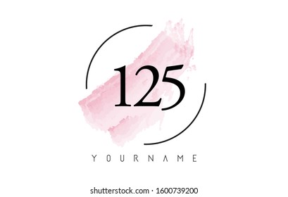 Number 125 Watercolor Stroke Logo with Circular Shape and Pastel Pink Brush Vector Design