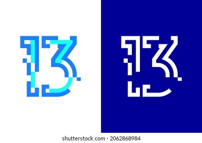 Number 13 digital logo. Numbers design with technology concept. Line logo and pixel