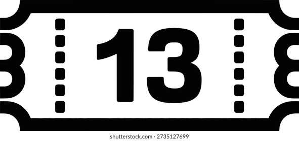Number 13 event ticket icon with perforated edge for admission, raffle and luck concept. Black date marker, entry pass and event label vector symbol.