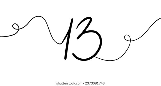 Number 13 line art drawing on white background. 13th birthday continuous drawing contour. Minimal vector illustration