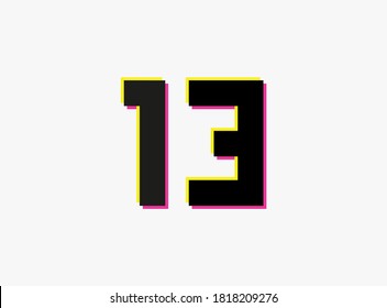 Number 13 vector desing logo. Dynamic, split-color, shadow of  number pink and yellow on white background. For social media,design elements, creative poster, anniversary celebration, greeting and web 