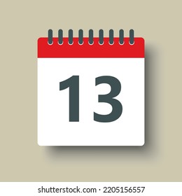 Number 13 - vector icon calendar days. 13th day of the month. Illustration flat style. Date of week, month, year Sunday, Monday, Tuesday, Wednesday, Thursday, Friday, Saturday. Holiday calendare date