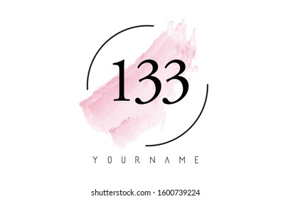 Number 133 Watercolor Stroke Logo with Circular Shape and Pastel Pink Brush Vector Design