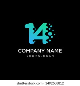 Number 14 with dot shape. molecule and Lab Logo Design Element. perfect for technology,software, network and science brand. Liquid gradient shape, Alphabet ecology with water and dew drops. - vector