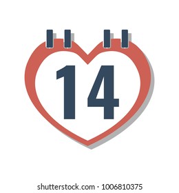 number 14 in heart shaped calendar, flat style vector illustration