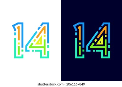 Number 14 Line Logo With Dot Square Or Pixel. Colorful Digital Icon. Design For Technology Concept