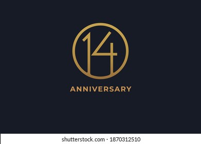 Number 14 logo, gold line circle with number inside, usable for anniversary and invitation, golden number design template, vector illustration