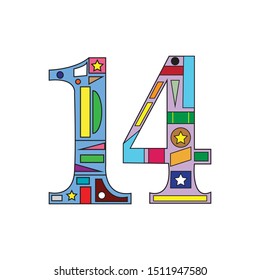 The number 14 with ornaments and colours