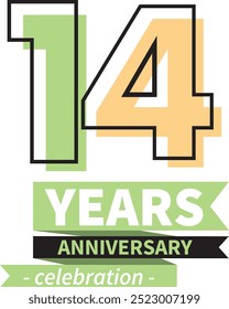 number 14 years anniversary celebration logo style black line and lime green orange color, isolated on white background.